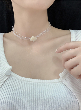 又甜又欲~白色玫瑰花珍珠choker锁骨链网纱蕾丝颈链双层项链女韩
