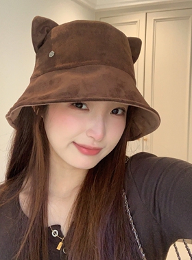 童趣卡通猫耳朵麂皮绒渔夫帽女