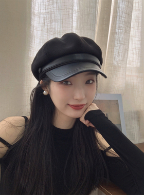 韩系逛街秋冬PU拼接毛呢贝雷帽女