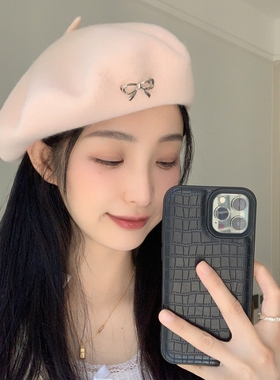 秋冬逛街甜美百搭蝴蝶结贝雷帽女
