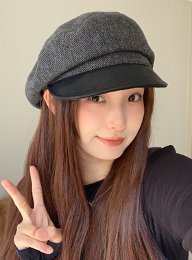 新款秋冬pu皮质拼接复古画家帽女