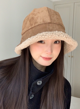 新款秋冬麂皮绒保暖大檐渔夫帽女