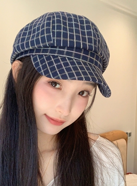 miu系蓝色格子复古贝雷帽女新款