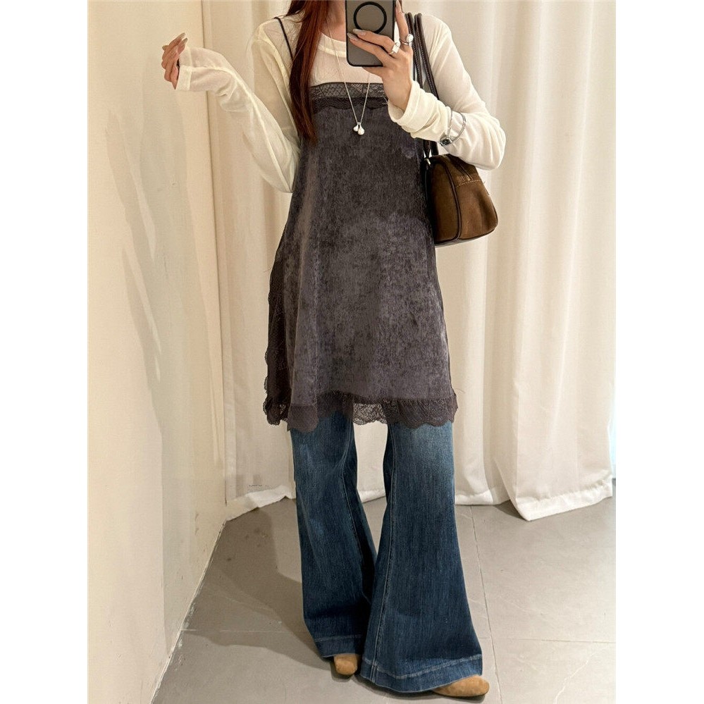 日本offcat深灰色蕾丝拼接吊带连衣裙女秋冬圆领长袖内搭2025年冬,淘宝优惠券,粉丝福利购,淘宝优惠卷