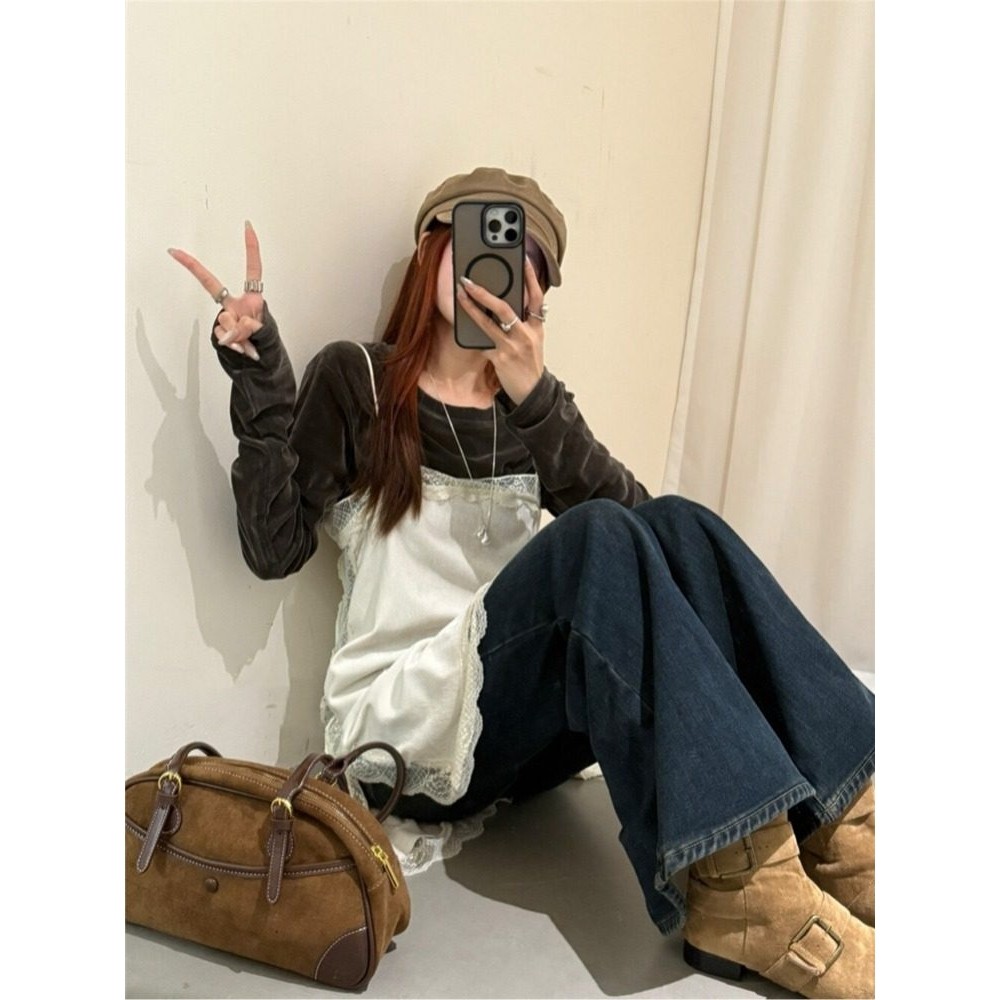 日本offcat深灰色蕾丝拼接吊带连衣裙女秋冬圆领长袖内搭2025年冬,淘宝优惠券,粉丝福利购,淘宝优惠卷