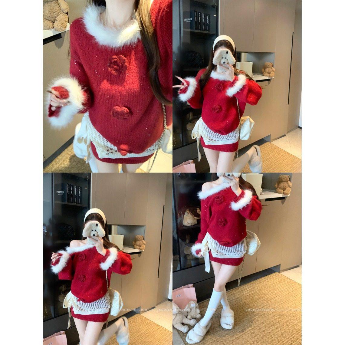 日本offcat红色斜肩毛领毛衣女秋冬镂空针织皮帘内搭包臀半身裙三,淘宝优惠券,粉丝福利购,淘宝优惠卷