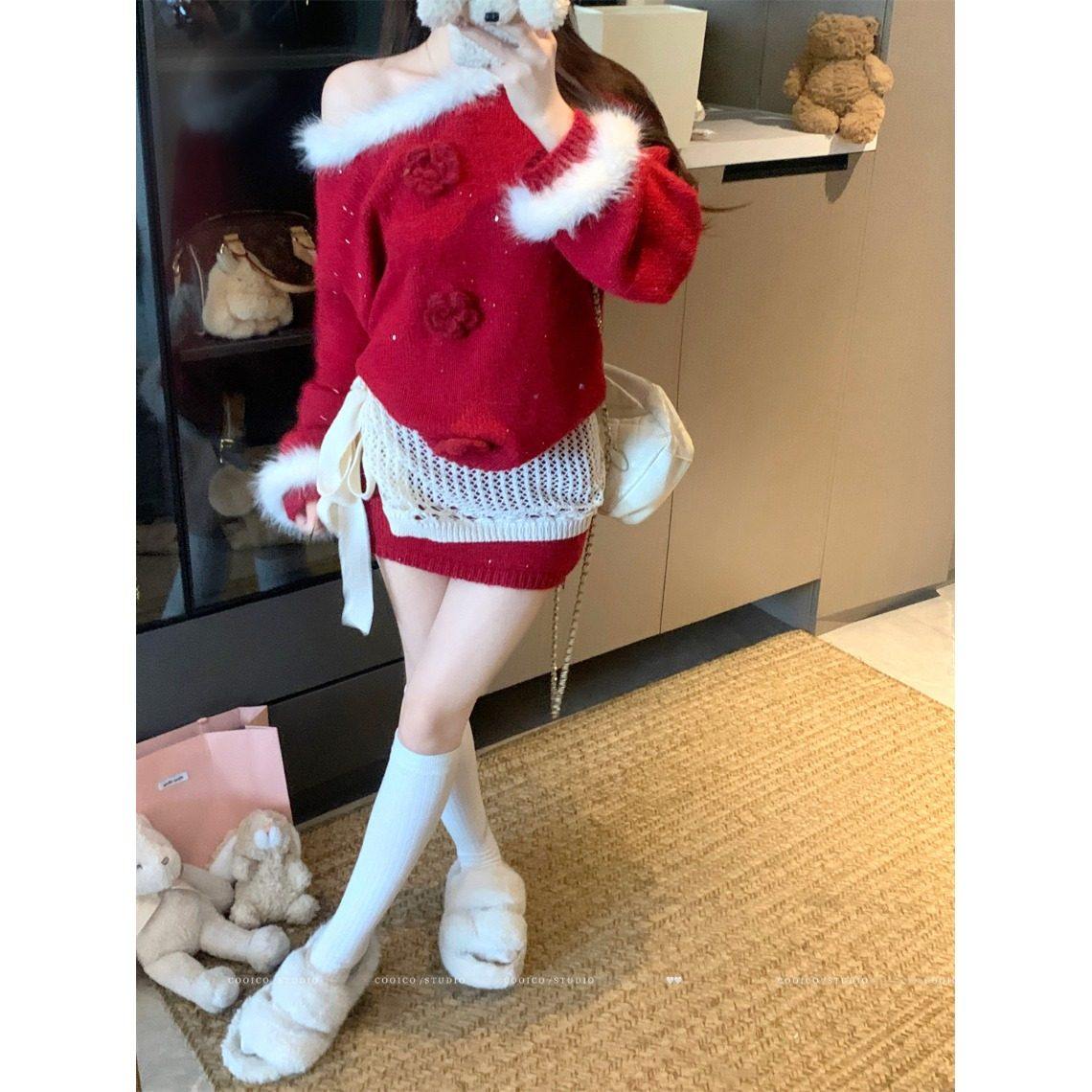 日本offcat红色斜肩毛领毛衣女秋冬镂空针织皮帘内搭包臀半身裙三,淘宝优惠券,粉丝福利购,淘宝优惠卷