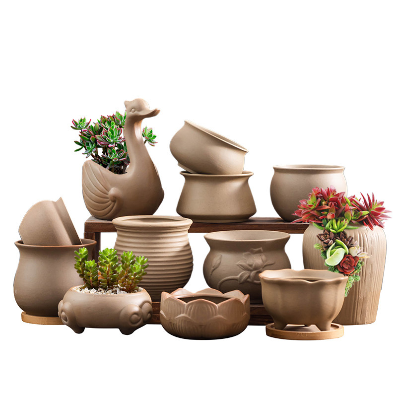 素烧粗陶多肉花盆简约仿石透气绿植花盆家用桌面陶瓷肉肉盆带托盘,淘宝优惠券,粉丝福利购,淘宝优惠卷