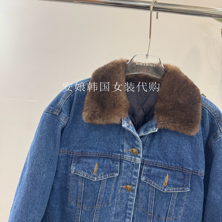 安娘韩国代购PH23女装2025冬季新款水貂毛领单排扣白鹅绒牛仔外套 - 图0