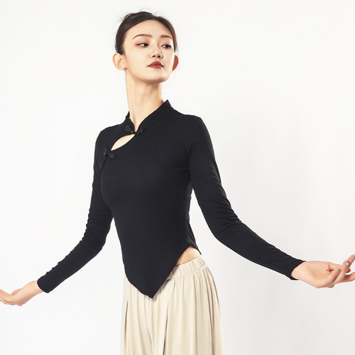 现代舞服成人国风舞练功服女中国风旗袍舞蹈服长袖古典舞修身上衣 - 图1