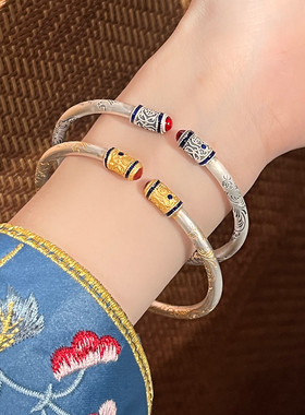 金町卷草纹国风新中式唐草纹吉言纯银手镯女999足银描金镯子轻奢