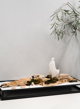 枯山水木化石沙盘托盘摆件 新中式装饰现代简约客厅桌面玄关摆设
