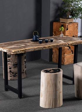 现代简约木化石长条装饰大桌子硅化木玄关条案别墅会所设计师款