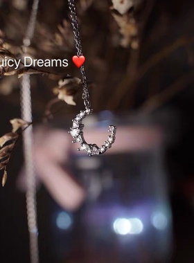 法国设计师风几何水晶月亮银项链