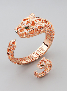 手镯镂空满钻镶锆石手环猎豹戒指时尚开口手环欧美轻奢重工款简约