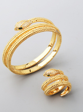 欧美爆款密言小金珠双层蛇形手镯戒指铜镀金弹性开口手环指环饰品