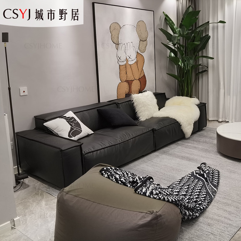 城市野居/北欧小户型客厅四人位科技布意式极简豆腐块硅胶皮沙发_虎窝淘