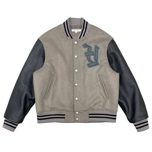[UNKNOWNWORLD FW21牛皮袖/毛呢袖重磅灰绿羊毛呢毛巾绣棒球服夹克]