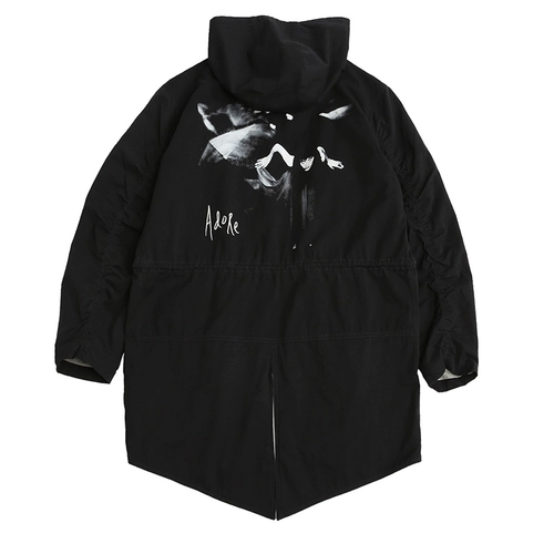 [UNKNOWNWORLD FW2020 封面印花黑色水洗Parka连帽鱼尾风衣外套]
