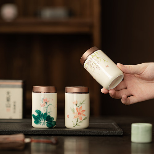 手绘釉下彩茶叶罐迷你小号密封罐陶瓷罐家用便携小茶罐防潮罐储物 - 图1