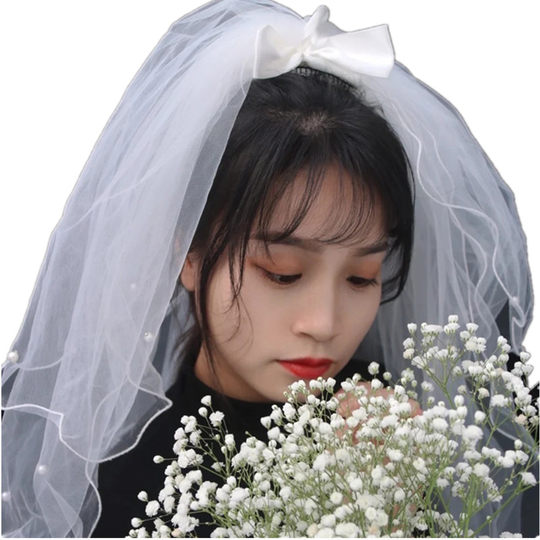 新娘轻婚纱发光小头纱女童超仙森系领证网红拍照道具蝴蝶结头饰