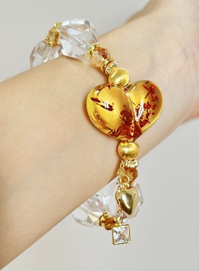 天然白水晶切面花珀爱心屁桃手串女款单圈时尚百搭礼物