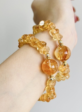 【金枝玉叶】黄水晶随行黄胶花顶珠设计款手串单圈金闪透亮