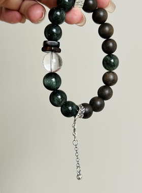 【林语】绿兔毛墨绿森林沉香白水晶随行隔片设计款手串