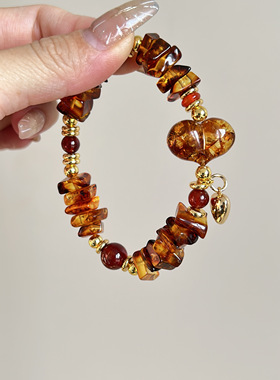 花珀随形屁桃爱心手串琥珀手串DIY闺蜜生日礼物