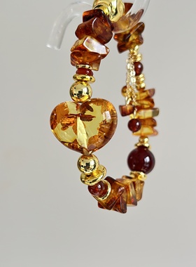 天然花珀爱心手链女生轻奢小众精致石榴石串珠手串高级感手饰