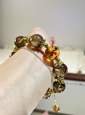 天然茶黄水晶卡14花珀顶珠手串女款单圈简约风格饰品礼物送女友