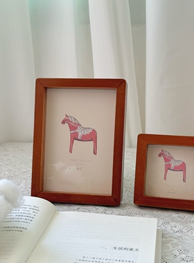 北欧风实木相框组合 复古红木马图案摆台 大小尺寸套装