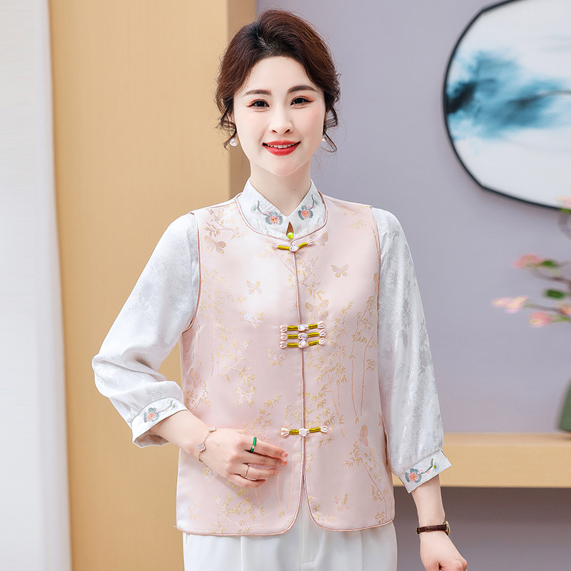 新中式国风马夹外套2025新款缎面盘扣妈妈唐装马甲背心外穿显年轻,淘宝优惠券,粉丝福利购,淘宝优惠卷
