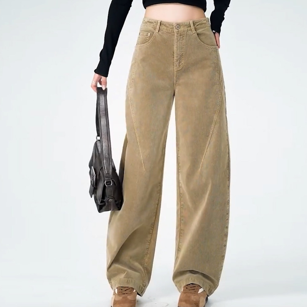 卡其色灯芯绒休闲裤女冬季新款美式复古高腰宽松显瘦加厚弯刀裤,淘宝优惠券,粉丝福利购,淘宝优惠卷
