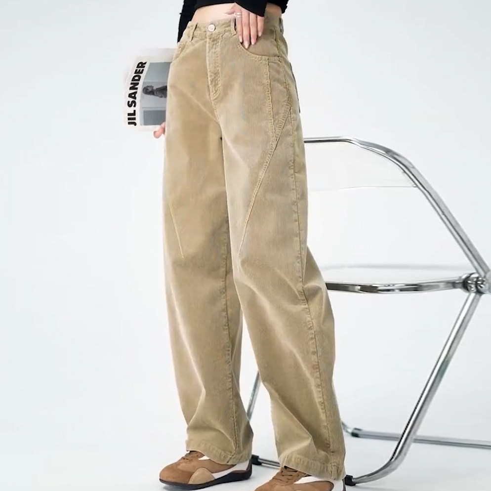 卡其色灯芯绒休闲裤女冬季新款美式复古高腰宽松显瘦加厚弯刀裤,淘宝优惠券,粉丝福利购,淘宝优惠卷