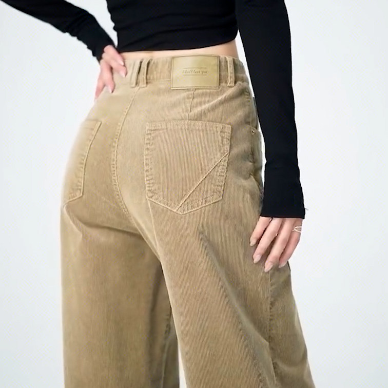 卡其色灯芯绒休闲裤女冬季新款美式复古高腰宽松显瘦加厚弯刀裤,淘宝优惠券,粉丝福利购,淘宝优惠卷