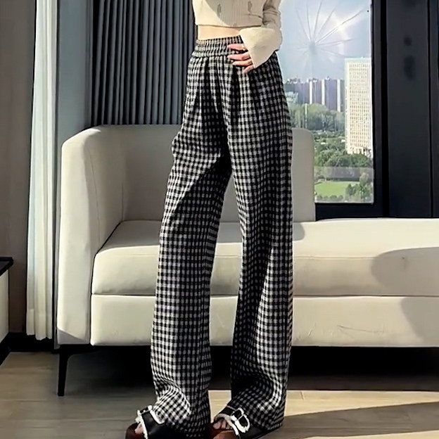 格子阔腿裤女春季2026新款高腰显瘦简约显瘦宽松休闲窄版直筒裤,淘宝优惠券,粉丝福利购,淘宝优惠卷