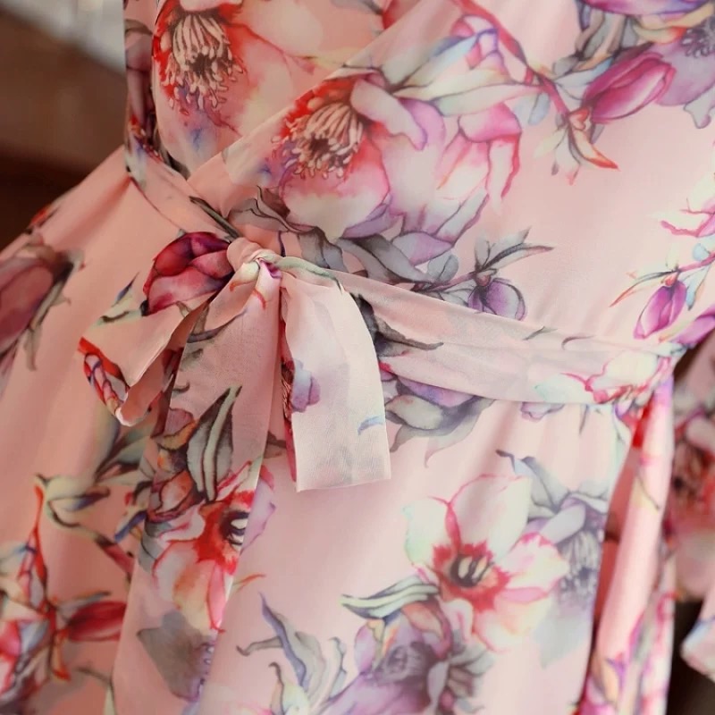 度假三亚海边印花雪纺裙女喇叭袖高腰碎花连衣裙V领短袖女人味,淘宝优惠券,粉丝福利购,淘宝优惠卷