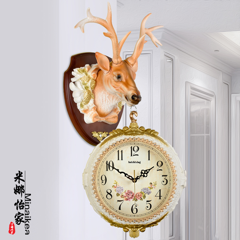 美式家用雙面掛鐘客廳鐘錶歐式創意個性鹿頭裝飾壁掛時尚靜音掛錶
