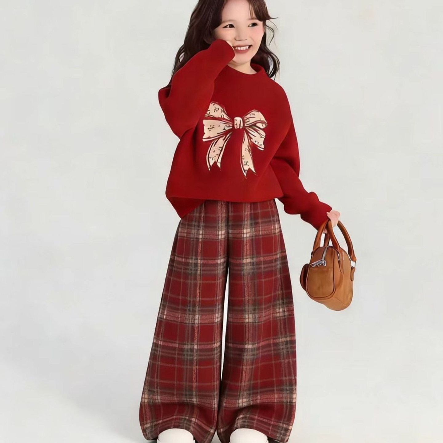 女童冬装红色针织毛衣儿童新年拜年服毛呢加绒格子阔腿裤洋气套装,淘宝优惠券,粉丝福利购,淘宝优惠卷