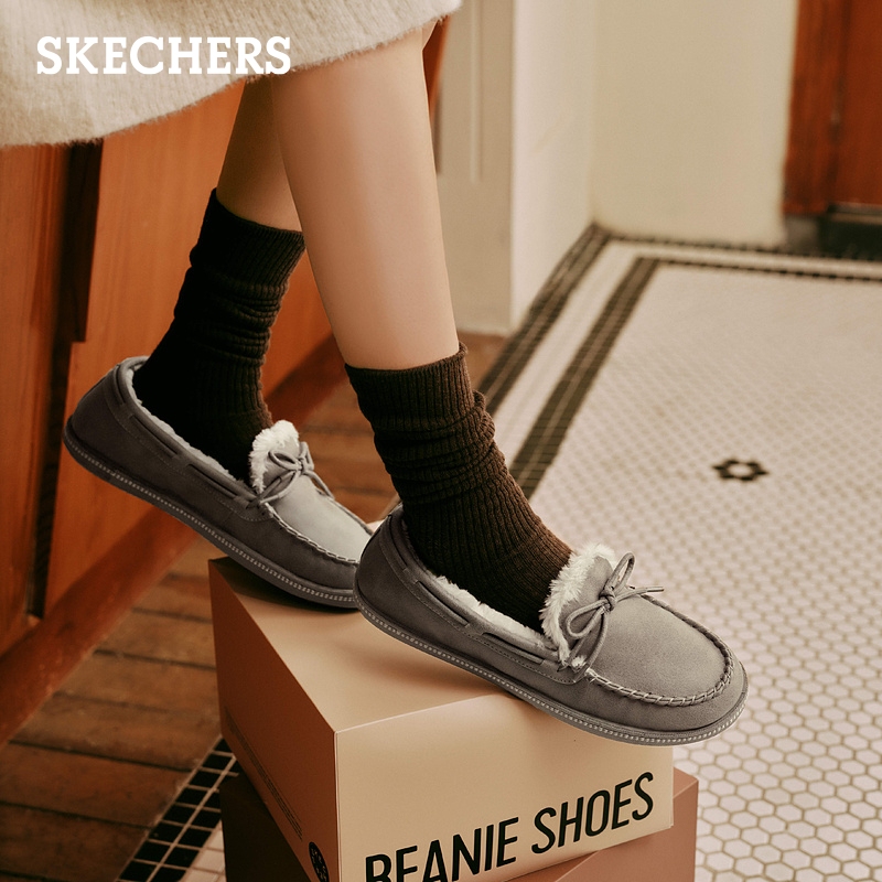 斯凯奇奶贝鞋|冬季女鞋软底豆豆鞋加绒保暖毛毛鞋乐福鞋平底单鞋 - 图1