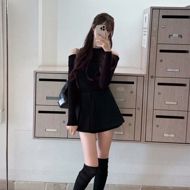 韩国labelleblanc法式假两件一字肩针织衫毛衣女秋季修身露肩上衣,淘宝优惠券,粉丝福利购,淘宝优惠卷