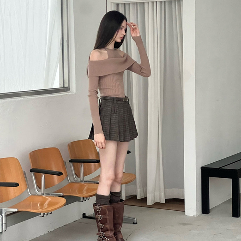 韩国labelleblanc法式假两件一字肩针织衫毛衣女秋季修身露肩上衣,淘宝优惠券,粉丝福利购,淘宝优惠卷