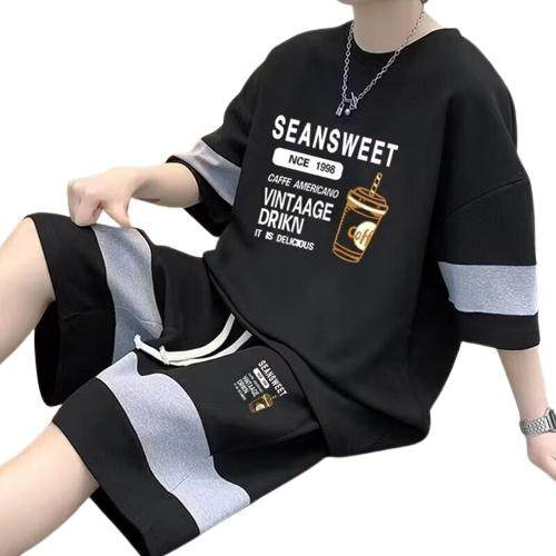 夏季休闲套装男学生华夫格短袖t恤大码青少年潮流宽松运动五分裤,淘宝优惠券,粉丝福利购,淘宝优惠卷