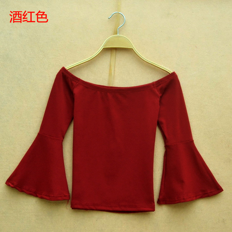 春装2024新款露肩一字领上衣短款中袖喇叭袖t恤女修身百搭打底衫,淘宝优惠券,粉丝福利购,淘宝优惠卷