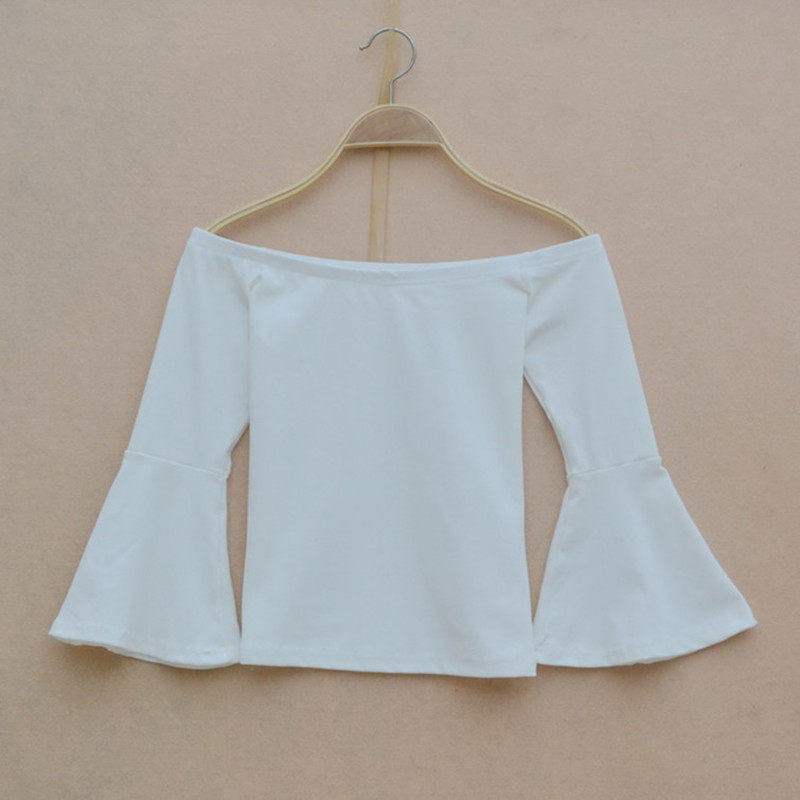 春装2024新款露肩一字领上衣短款中袖喇叭袖t恤女修身百搭打底衫,淘宝优惠券,粉丝福利购,淘宝优惠卷