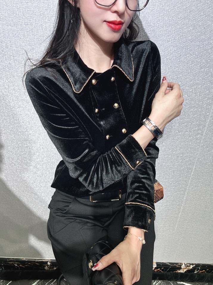 丝绒US黑金气质排扣法式翻领衬衫女款洋气外穿上衣高档双排扣衬衣 - 图0