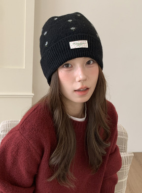秋冬新款甜美小碎花贴布针织帽女
