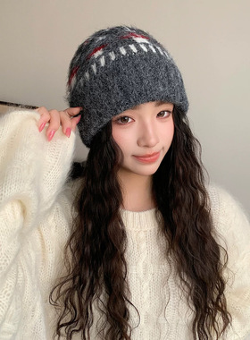 复古费尔岛新款针织毛线帽女秋冬