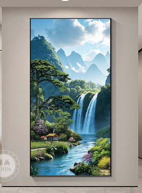 进门挂画玄关入户简约山水画竖版源远流长现代过道装饰画高山流水